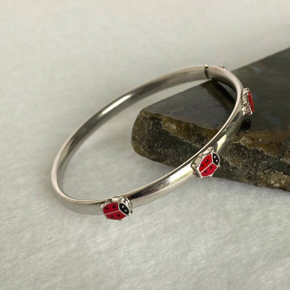 Sterling Silver 925 Youth XS Women Enamel Ladybug Oval Bangle Bracelet Sz 5.75" - Picture 11 of 16
